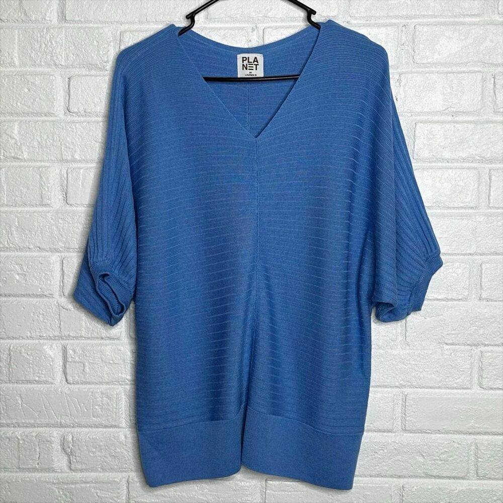 Planet by Lauren G Puff Sleeve Pima Cotton V Neck Sweater Top OSFA One Size‎